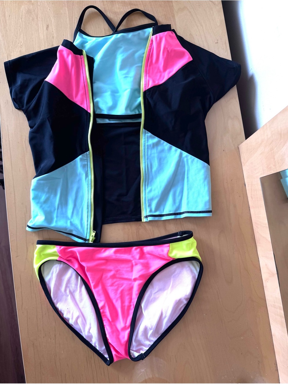Girls Black, Blue, Pink & Yellow Bikini & Swim Shirt Set by art class  XL(14/16)